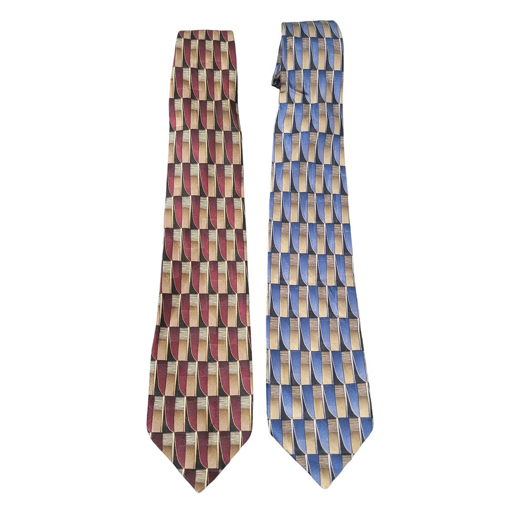 Ziggurat 60" Silk Geometric Art Deco Necktie Bundle Mens Burgundy Navy Blue 2pk